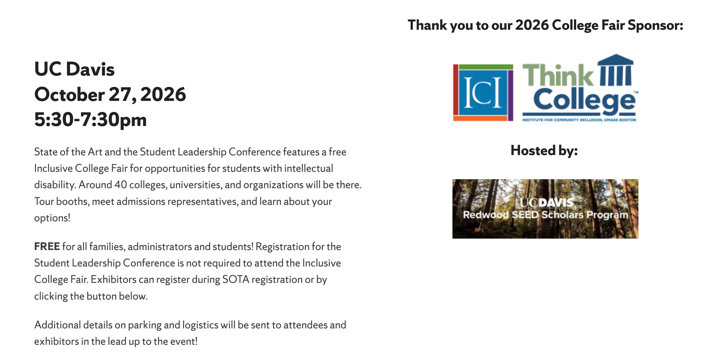 UC Davis event flyer: Oct 27, 2026 5:30–7:30pm with College logo and small campus photo