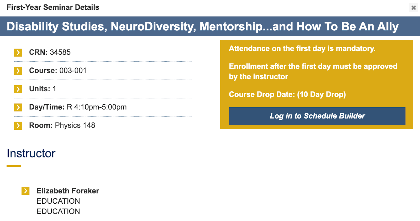 screenshot of seminar listing