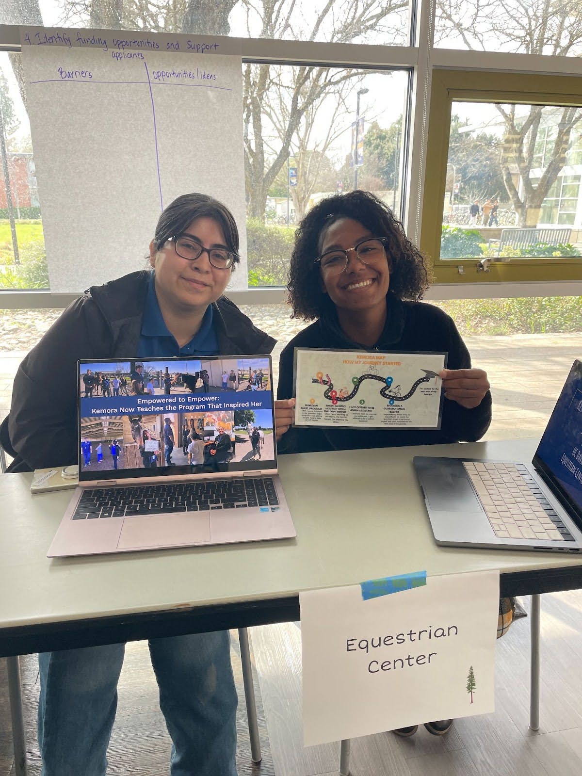 student with employment mentor sitting at an information table