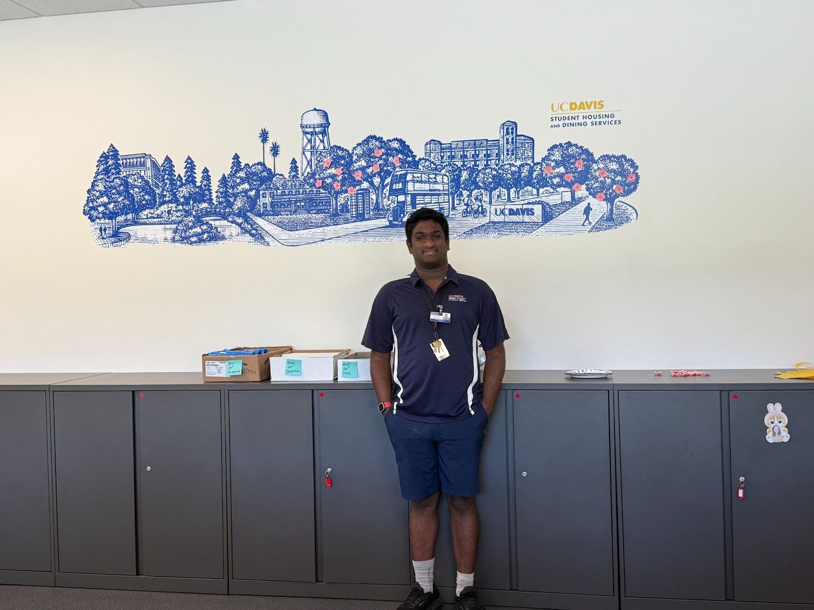 student standing with his completed work