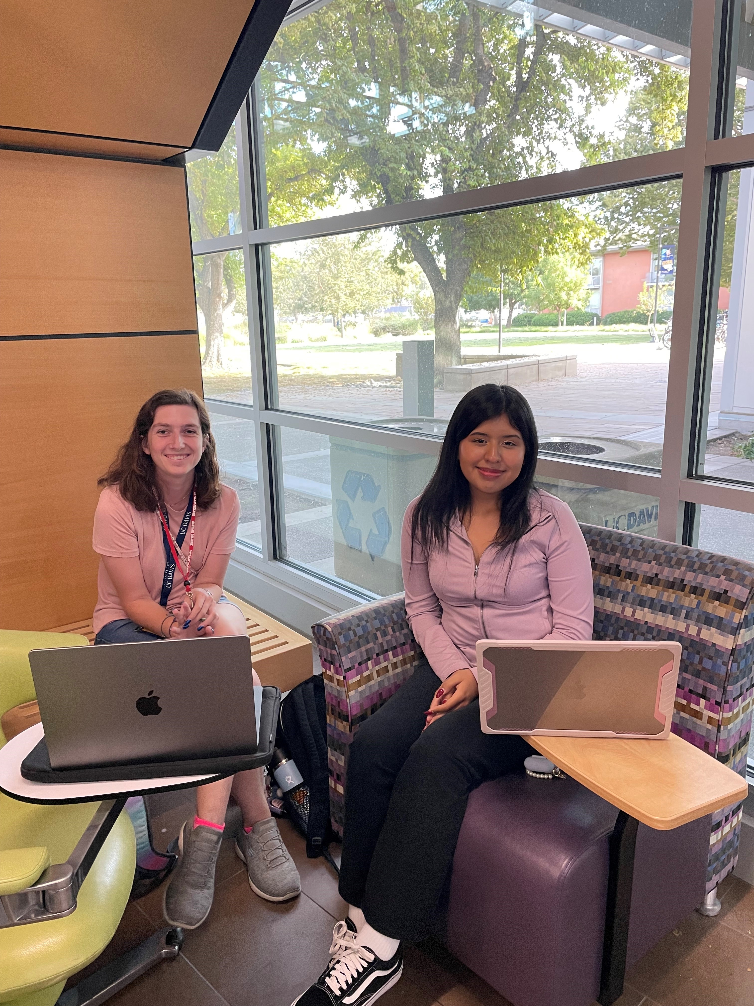 student with mentor working on laptop computers
