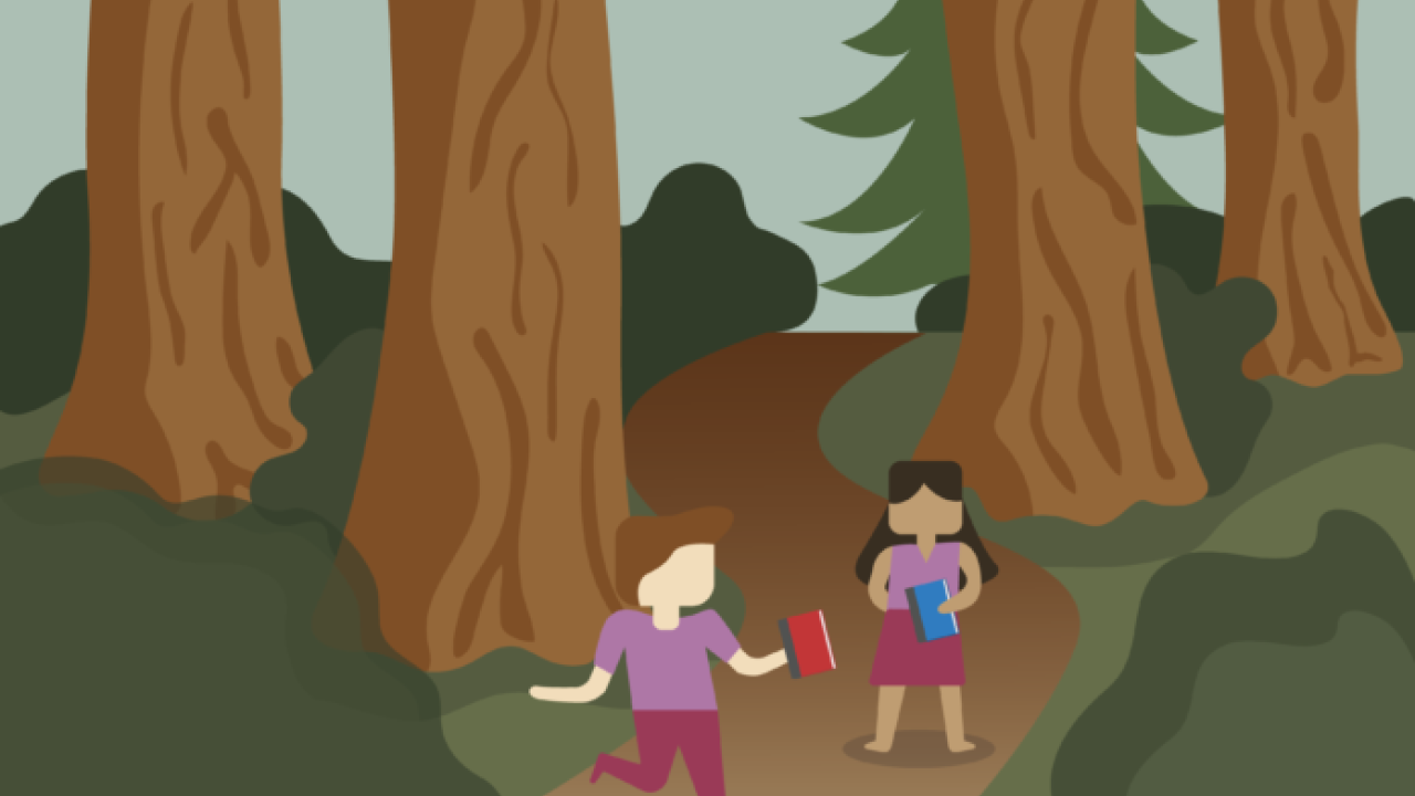 graphic illustration of two students in redwood forest